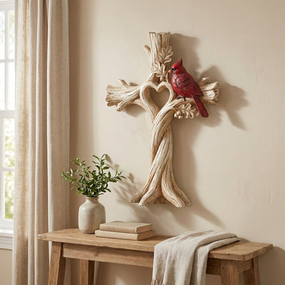 Cardinal Heart Tree Cross – Hand-Carved Solid Wood Decor