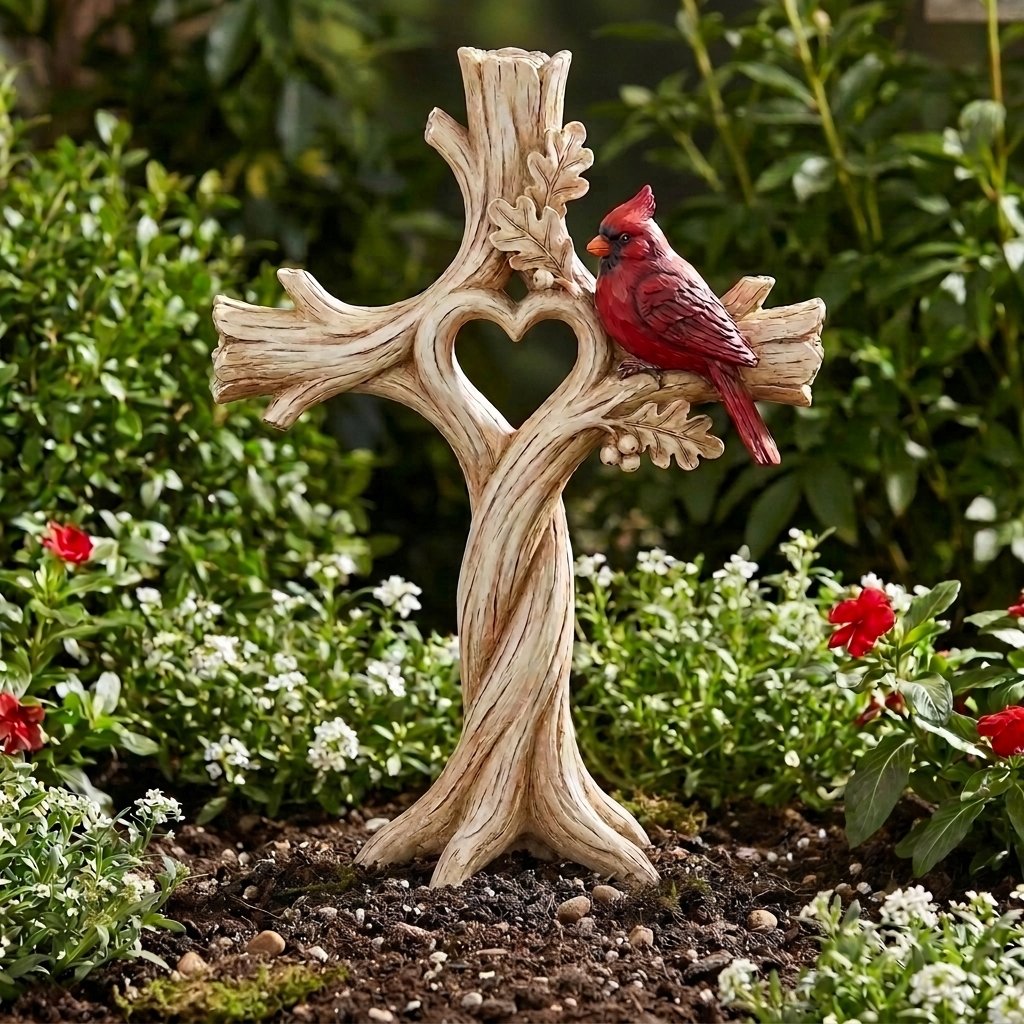 Cardinal Heart Tree Cross – Hand-Carved Solid Wood Decor